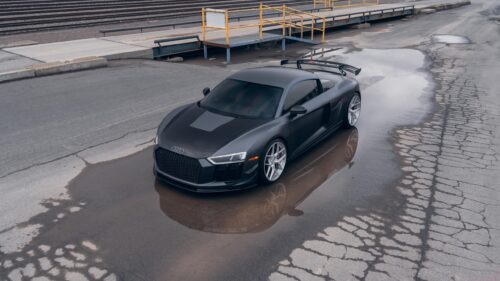 Matte Black Audi R8 Supercar Parked in Puddle Desktop Wallpaper