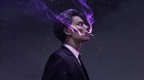 Mysterious Anime Boy with Purple Neon Smoke Aesthetic 4K Wallpaper
