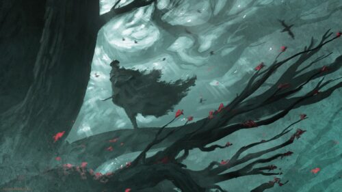Lone Traveler in a Dark Ethereal Forest Fantasy Desktop Wallpaper