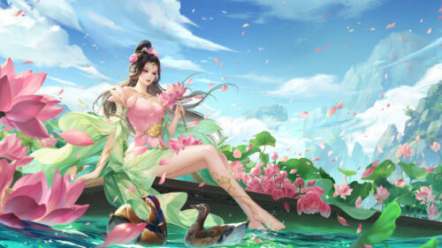 Beautiful Chinese Fantasy Goddess with Lotus Flowers Desktop Wallpaper