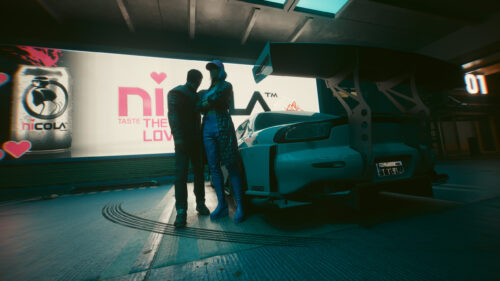 Cyberpunk Couple with Modified Sports Car Night City PC Wallpaper