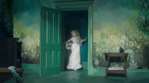 Beautiful Anime Elf Girl in White Dress Opening Door Wallpaper 4K
