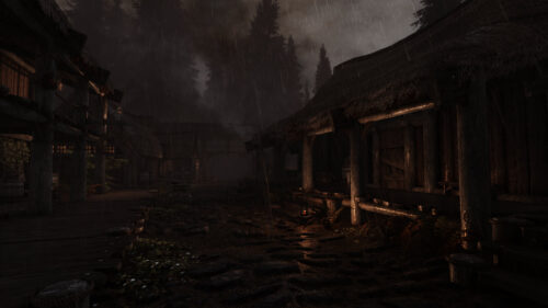Dark Rainy Medieval Village at Night Fantasy PC Wallpaper