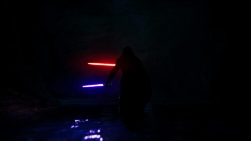 Darth Vader Silhouette with Red and Purple Lightsabers PC Wallpaper