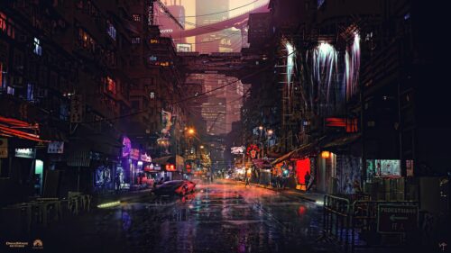 Dystopian Cyberpunk City Street Night Scenery 4K Desktop Wallpaper