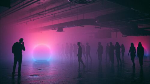Mysterious Silhouettes in Neon Fog Atmospheric Cyberpunk PC Wallpaper