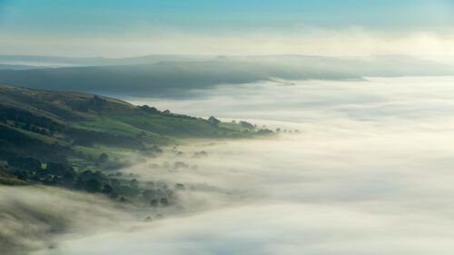 Misty Morning Valley Landscape Overlooking Rolling Hills Desktop Wallpaper