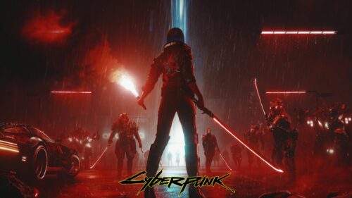 Cyberpunk 2077 Samurai V Silhouette with Red Neon Rain 4K Wallpaper