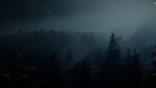 Dark Misty Forest at Night with Glowing Village Lights 4K Wallpaper