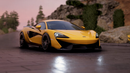 Stunning Yellow McLaren Sports Car Parked on Scenic Mountain Road PC Wallpaper