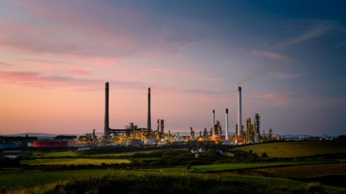 Industrial Oil Refinery at Sunset Landscape PC Wallpaper
