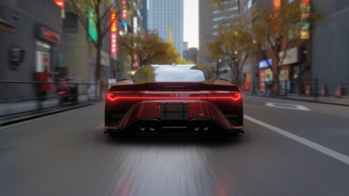 Red Sports Car Driving Through City Streets 4K PC Wallpaper
