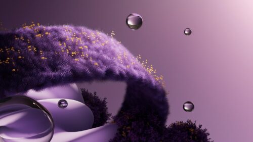 Surreal Purple Furry Landscape with Floating Glass Orbs 4K Wallpaper