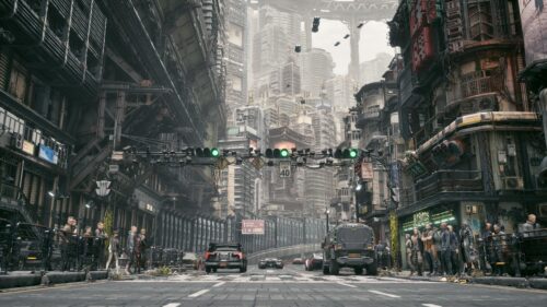 Dystopian Cyberpunk City Streetscape with Futuristic Vehicles 4K Wallpaper