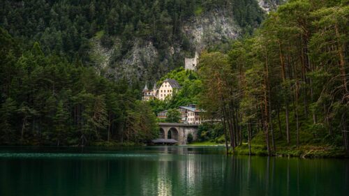 Breathtaking Alpine Lake Castle with Pine Forest Landscape PC Wallpaper