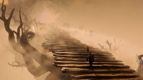 Kratos and Atreus Climbing the Mystical Stairway God of War 4K Wallpaper