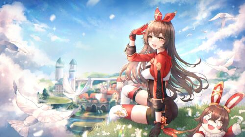 Genshin Impact Amber Looking at Mondstadt Anime Girl 4K Wallpaper