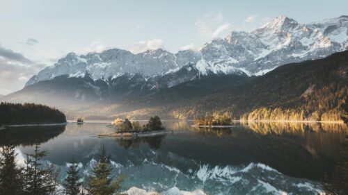 Stunning Eibsee Lake with Snowy Zugspitze Mountain Peak PC Wallpaper