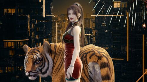 Beautiful Girl in Red Qipao with Majestic Tiger City Night 4K Wallpaper