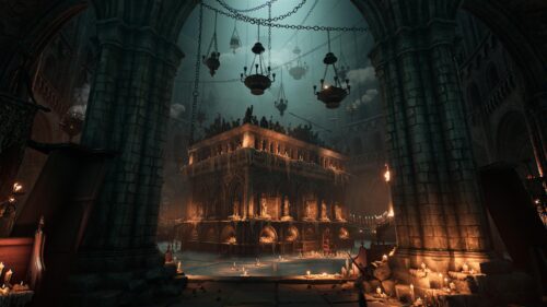 Dark Gothic Cathedral Interior with Hanging Censers 4K PC Wallpaper