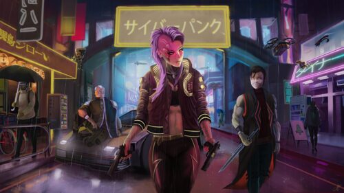 Cyberpunk Street Mercenaries with Neon City Background PC Wallpaper