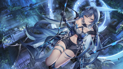 Stunning Cybernetic Anime Girl with Blue Hair and Scythe PC Wallpaper