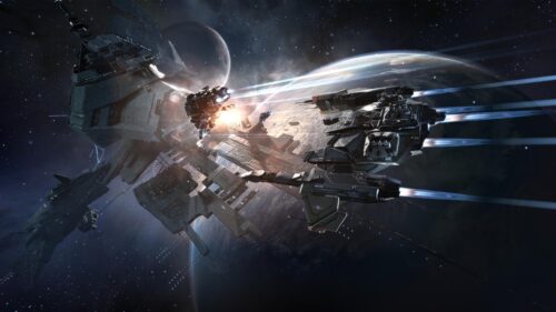 Epic Sci-Fi Space Battle with Starships and Orbital Station PC Wallpaper