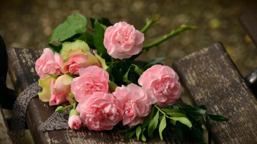 Beautiful Soft Pink Carnations and Roses Bouquet on Rustic Wooden Bench PC Wallpaper