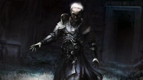 Dark Necromancer Knight in Shadowy Mausoleum PC Wallpaper