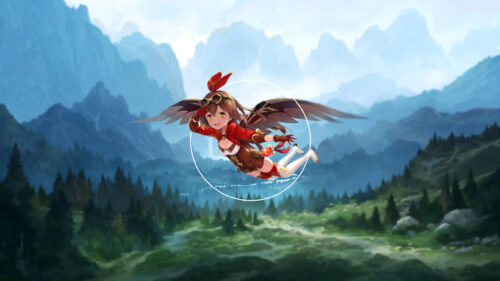Amber Genshin Impact Gliding Over Teyvat Landscape PC Wallpaper
