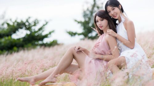 Beautiful Young Women Sitting in a Pink Grass Meadow PC Wallpaper
