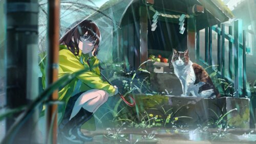 Anime Girl with Cat in the Rain at Japanese Shrine PC Wallpaper