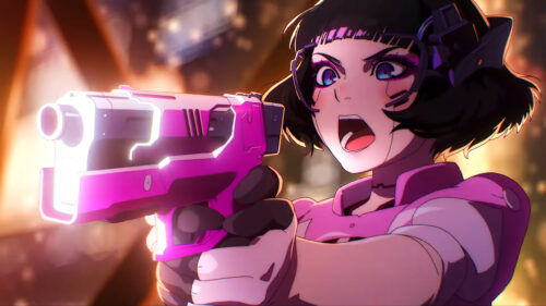 Cyberpunk Anime Girl with Glowing Pink Sci-Fi Pistol Desktop Wallpaper