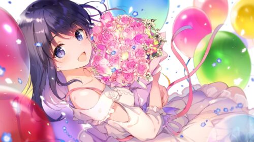 Anime Girl Holding Pink Roses with Colorful Balloons Celebration Desktop Wallpaper