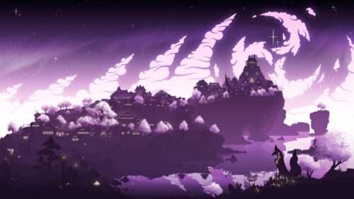Enchanting Purple Japanese Castle Landscape with Fox Spirit PC Wallpaper