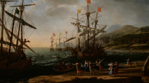 Classical Oil Painting of Historical Ships at Sea Desktop Wallpaper