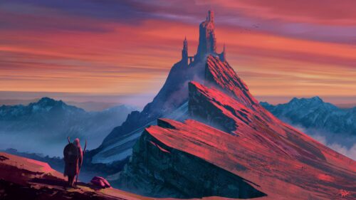 Lone Warrior Standing Before a Majestic Mountain Castle at Sunset PC Wallpaper