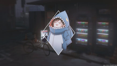 Cute Anime Girl in Shark Hoodie Aesthetic Desktop Wallpaper