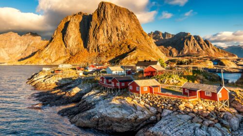 Breathtaking Lofoten Norway Red Rorbuer Cabins Mountain Scenery 4K Wallpaper