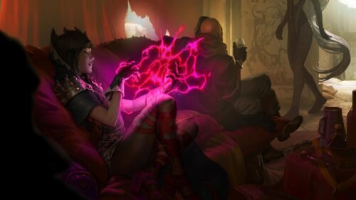 Mysterious Mage Casting Arcane Spells in Dark Fantasy Tavern PC Wallpaper