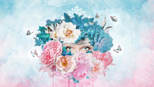 Surreal Floral Portrait with Piercing Blue Eyes Aesthetic 4K Wallpaper