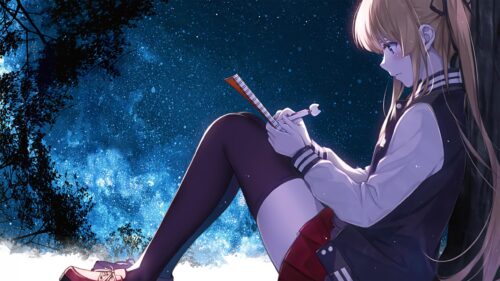Anime Girl Drawing Under a Stunning Starry Night Sky 4K Wallpaper