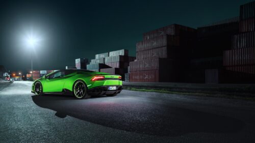 Neon Green Lamborghini Huracan in Industrial Port Night 4K Wallpaper