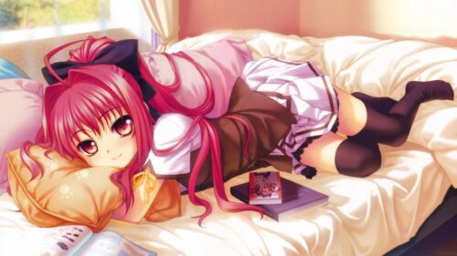 Cute Anime Girl with Pink Hair Relaxing on Bed PC Wallpaper