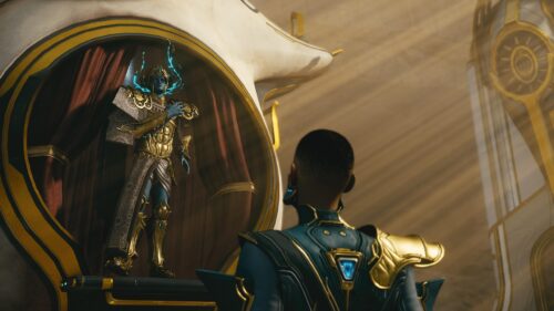Warframe Divine Statue and Operator Cinematic Sci Fi Desktop Wallpaper