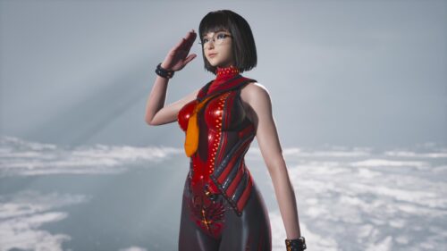 Anime Girl Saluting in Red Techwear Futuristic Suit Desktop Wallpaper