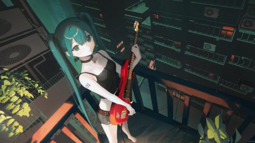 Hatsune Miku with Red Electric Guitar Urban Night Rooftop 4K Wallpaper
