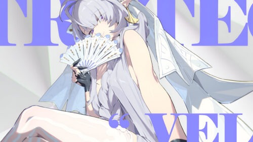 Elegant Anime Girl with White Fan and Silver Hair Desktop Wallpaper