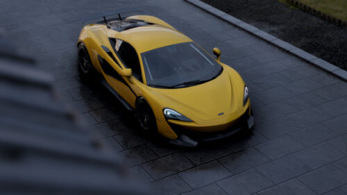 Stunning Yellow McLaren Supercar Parked on Wet Tiles Desktop Wallpaper