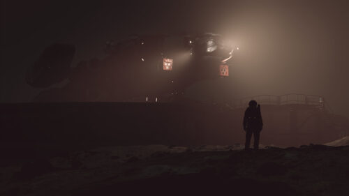 Astronaut Standing Before a Massive Spaceship in Foggy Alien Landscape PC Wallpaper